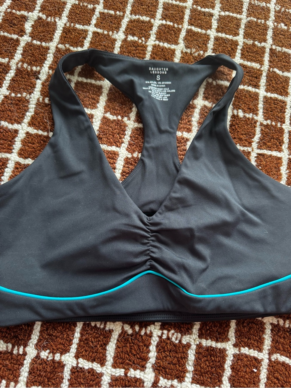 Daughter Lessons Retrofit Sports Bra Black Teal Trim - Picture 3 of 9